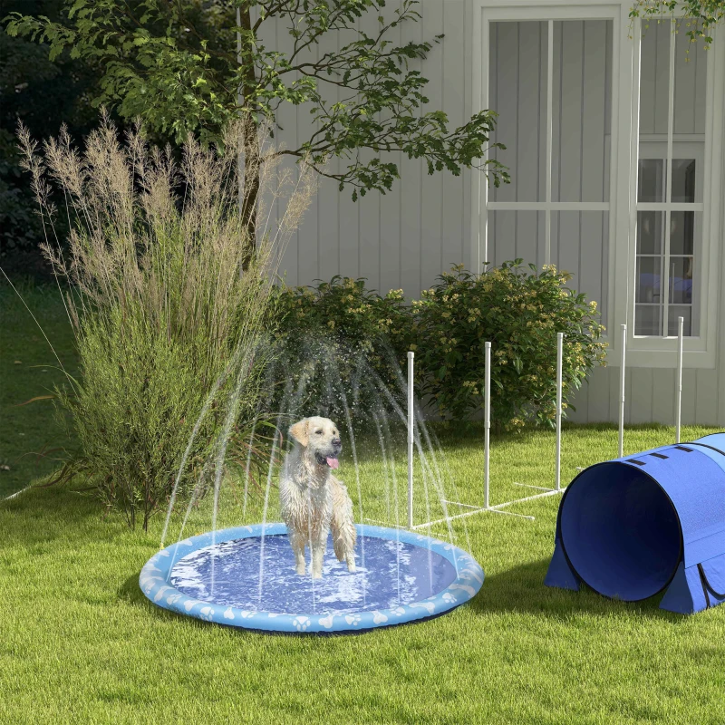 PawHut Dog Splash Pad, Pet Sprinkler Mat, Non-Slip Dog Paddling Pool, Foldable Outdoor Sprinkler and Splash Mat Water Play for Garden, Patio, Summer Fun, 170 cm