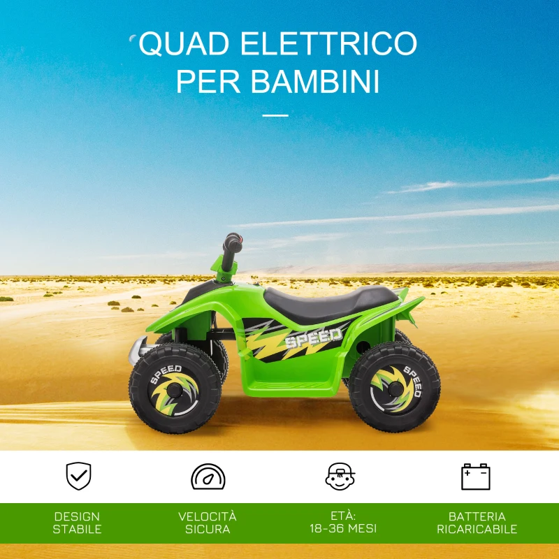 HOMCOM Quad Elettrico per Bambini con Batteria Ricaricabile 6V e Marcia Avanti e Indietro, 72x40x45.5 cm, Verde