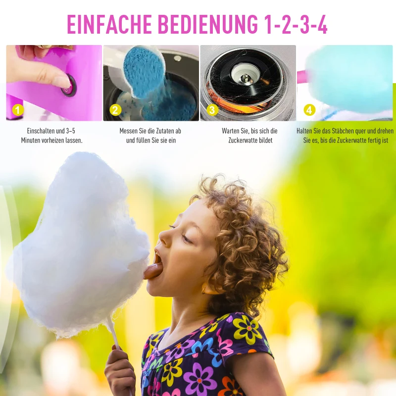 HOMCOM Zuckerwattemaschine Zuckerwattegerät 450-550 W Zuckerwatte 2 Heizröhren mit 10 Stäbchen Edelstahl Alu (Modell 2/Pink)