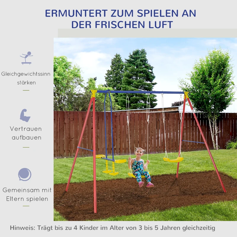 Outsunny Kinderschaukel Gartenschaukel Schaukelgerüst 2 Schaukeln mit Wippe Schaukel outdoor mit höhenverstellbarem Gestell Schaukelgestell outdoor 3-5 Jahre 290 x 180 x 196 cm