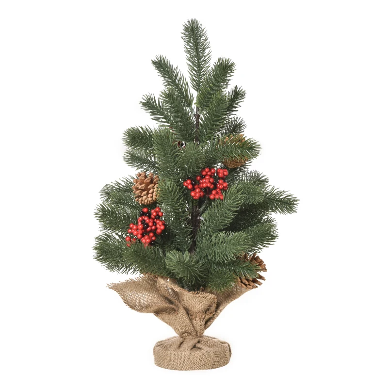 HOMCOM Mini-Weihnachtsbaum Weihnachtsdekoration, inkl. Schmuck, rote Beeren, 50 cm hoch, inkl. Zementsockel, Grün + Mehrfarbig