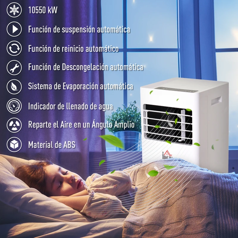 HOMCOM Aire Acondicionado Portátil 9000Btu 3 en 1 Refrigerador Ventilador Deshumidificador con Temporizador LED Control Remoto Potencia 1003W Silencioso 35,4x33,8x69,8 cm Blanco