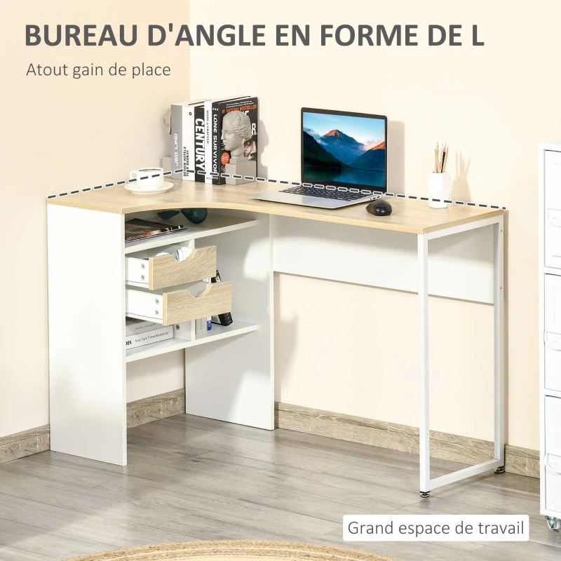 HOMCOM Bureau d'angle avec 2 tiroirs, 120 x 60 cm, bureau en L avec 3 compartiments ouverts, table informatique pour étudier, travailler, chambre, maison, aspect chêne clair