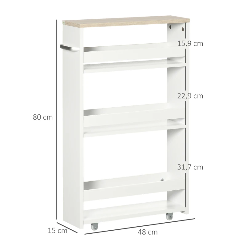 kleankin Chariot de rangement à 3 niveaux chariot de stockage étagère sur roulettes pour cuisine étroite salle de bain buanderie bureau avec poignée - 48 x 15 x 80 cm blanc