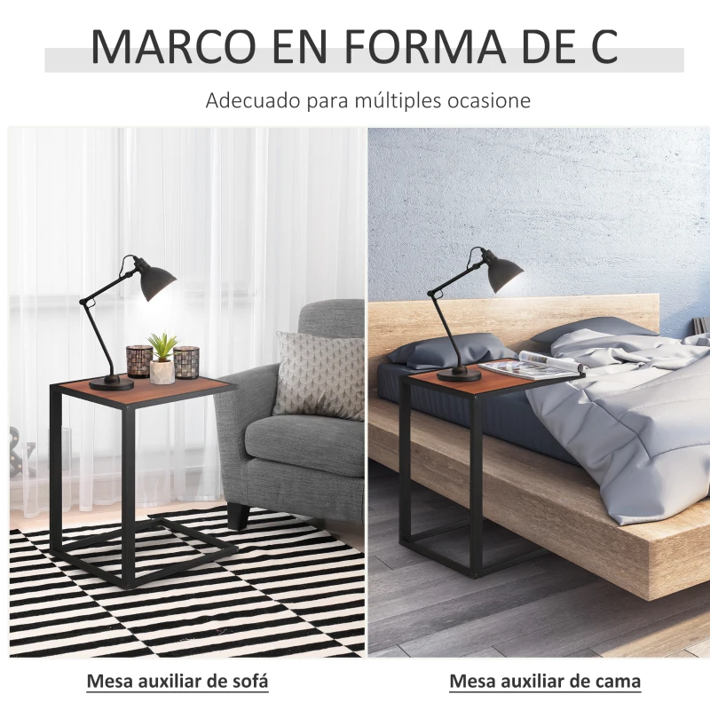 HOMCOM Mesita Auxiliar Pequeña Mesa para Sofá en Forma de C Estructura de Metal y Tablero de Madera MDF 40,6x50,8x64,2 cm Nogal
