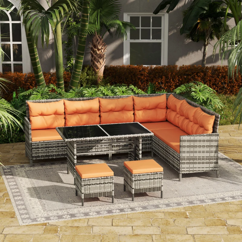 Outsunny 7-Seater Patio wicker Sofa Set Rattan Chair Furniture w/ Glass & Cushioned, Orange