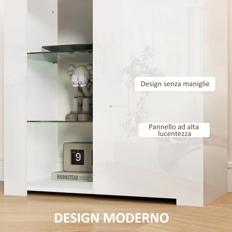 HOMCOM Mobile Contenitore a LED con 3 Ripiani Aperti e Armadietto a 2 Livelli, in Legno e Vetro, 75x40.1x83 cm, Bianco