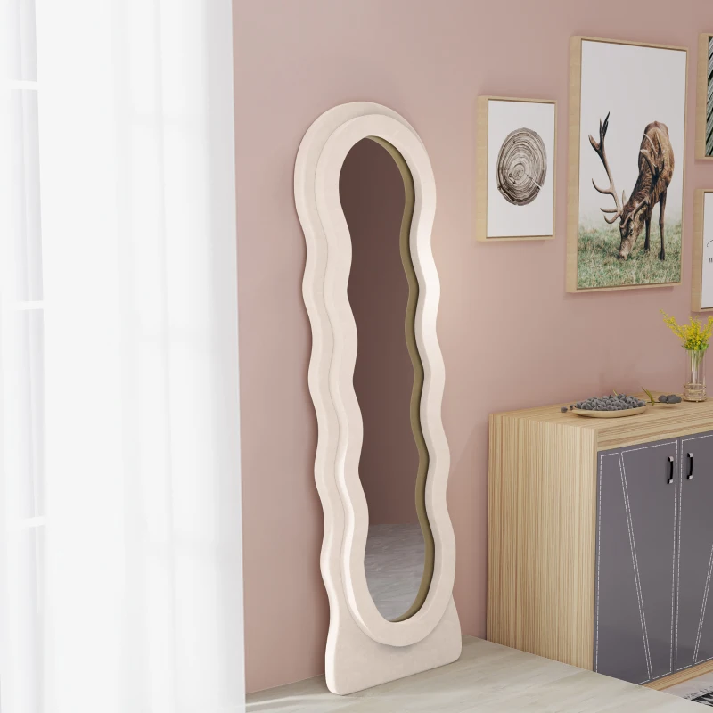 HOMCOM Espejo de Cuerpo Entero 160x50 cm Diseño Ondulado Marco con Tela de Terciopelo para Salón Dormitorio Crema