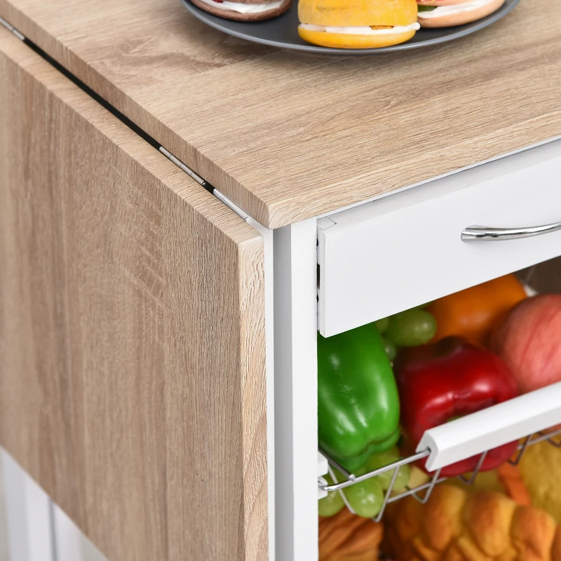 HOMCOM Carrito Auxiliar Plegable Carrito de Cocina con 6 Ruedas 1 Cajón y 3 Cesta de Metal 97,2x37x77,5 cm Blanco y Roble(m-9)
