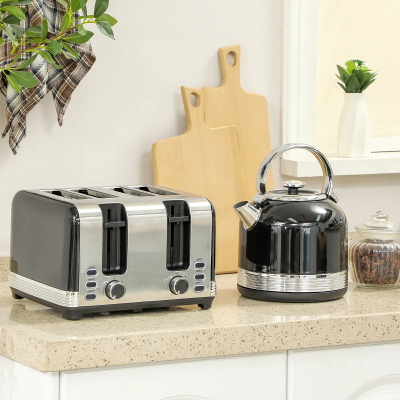 HOMCOM Polished Stainless Steel Kettle and Toaster Set - Black