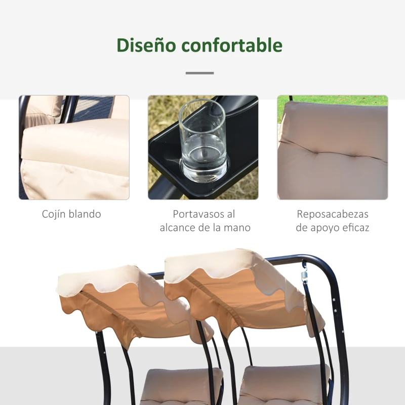 Outsunny Columpio de Jardín de 2 Plazas con Asientos Individuales Cojines Toldos Extraíbles y Mesas Laterales 170x136x170cm Beige