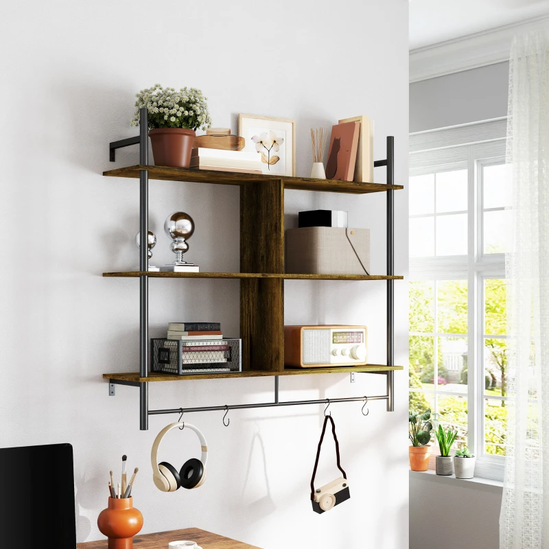 HOMCOM Three-Tier Floating Shelf - Brown/Black
