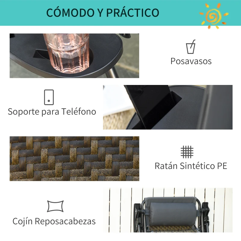 Outsunny Tumbona Plegable de Ratán con Respaldo Ajustable Reposacabezas Extraíble Portavasos y Soporte para Teléfono Jardín Terraza al Aire Libre 65x70x110 cm Gris