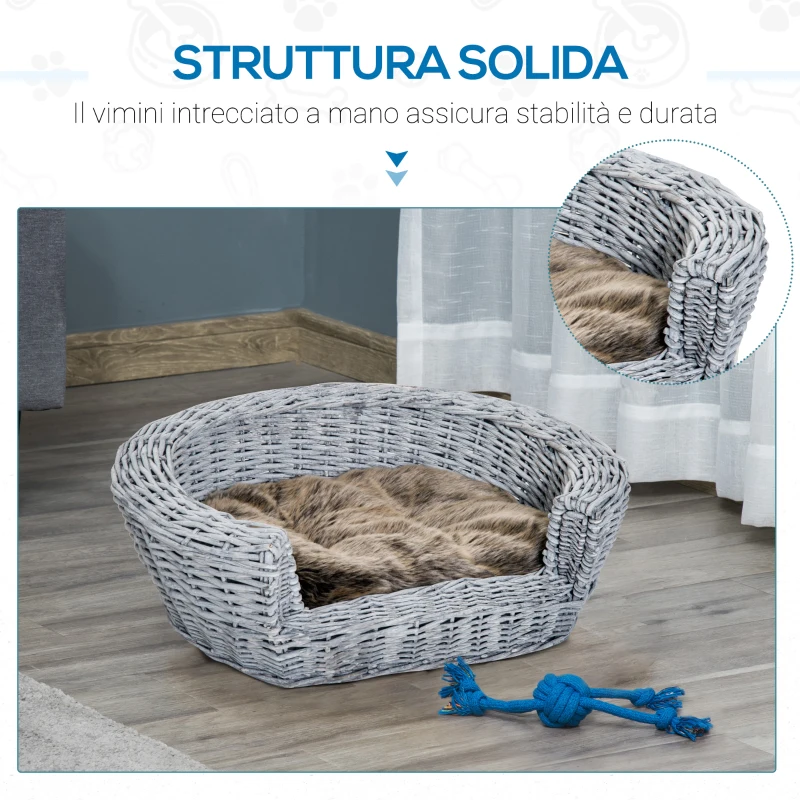 PawHut Cuccia per Gatti Cani Animali Domestici con Cuscino Morbido per Interno Rattan 57 × 46 × 17.5cm