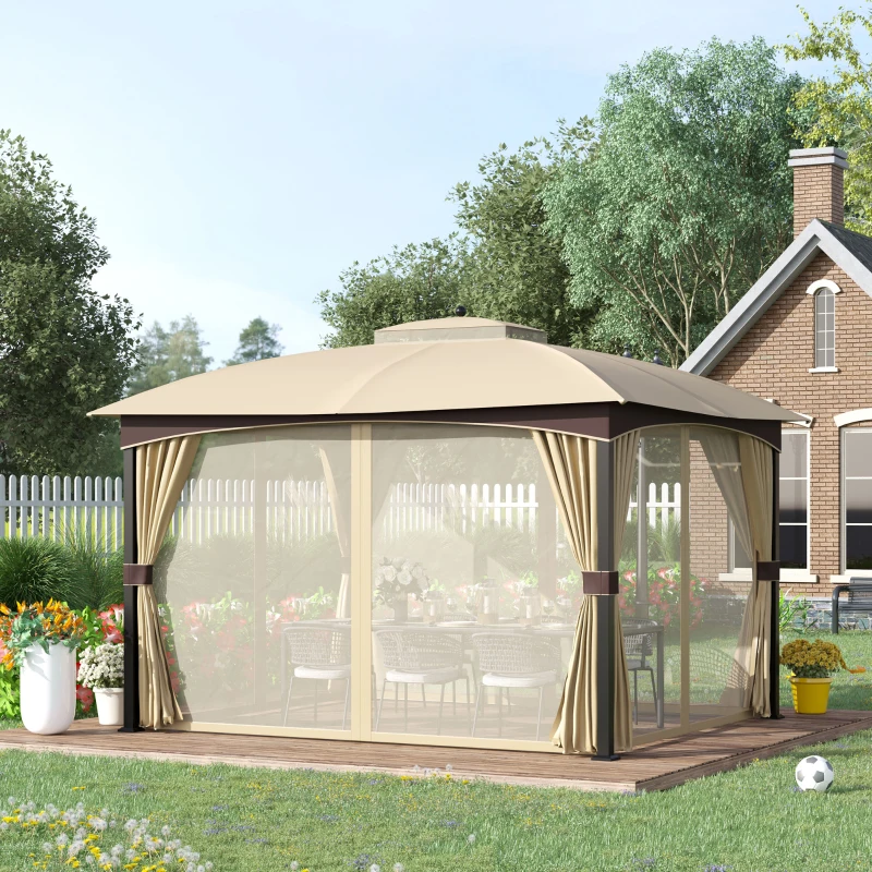 Outsunny Pavillon Gartenpavillon 3 x 4 m Gartenzelt Festzelt Partyzelt mit 4 x Seitenwände Moskitonetz atmungsaktivem Doppeldach Metall Polyester Khaki+Braun