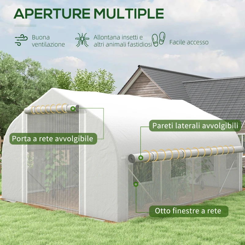 Outsunny Serra da Giardino 4x3m a Tunnel con Copertura in PE, Porta e 8 Finestre Avvolgibili, Bianco