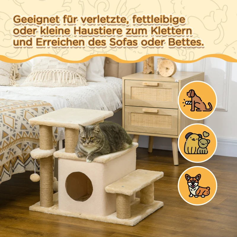 PawHut Haustiertreppe, Kratzbaum, 4 Stufen, Spielball, Häuschen, höhenverstellbar, 60 x 40 x 66 cm, Beige(m-7)