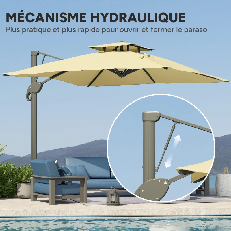 Outsunny Parasol déporté 3 m carré rotatif à 360° avec mécanisme hydraulique toit à double base croisée mât en aluminium beige