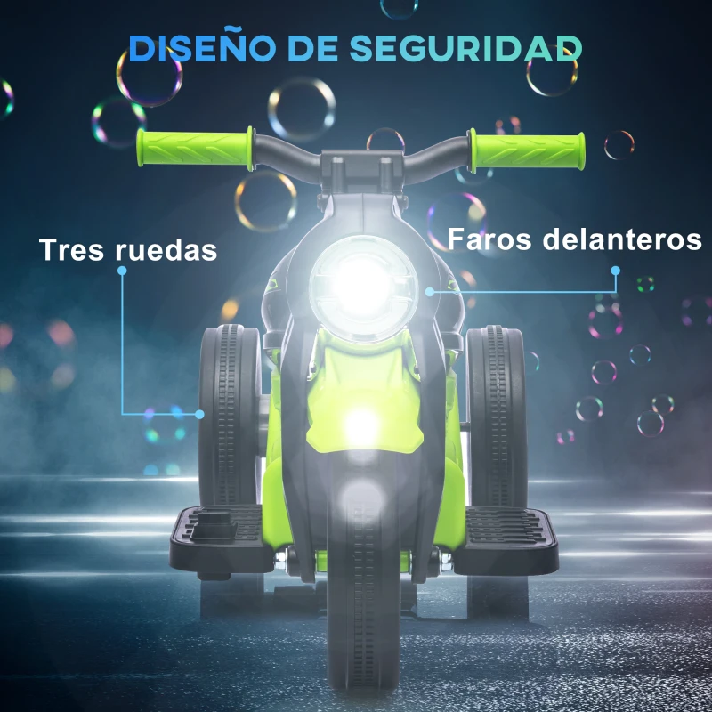 AIYAPLAY Moto Eléctrica para Niños de +2 Años con Función de Soplar Burbujas Faros Música Velocidad 3 km/h Carga 30 kg Verde
