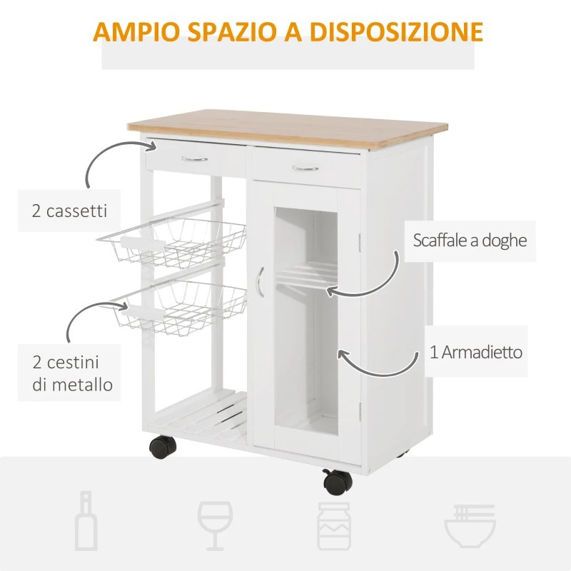 HOMCOM Carrello da Cucina con Ruote, Cassetti e 2 Cesti, Mobile da Cucina Salvaspazio in Legno di Pino, Bianco, 70 x 37 x 85cm