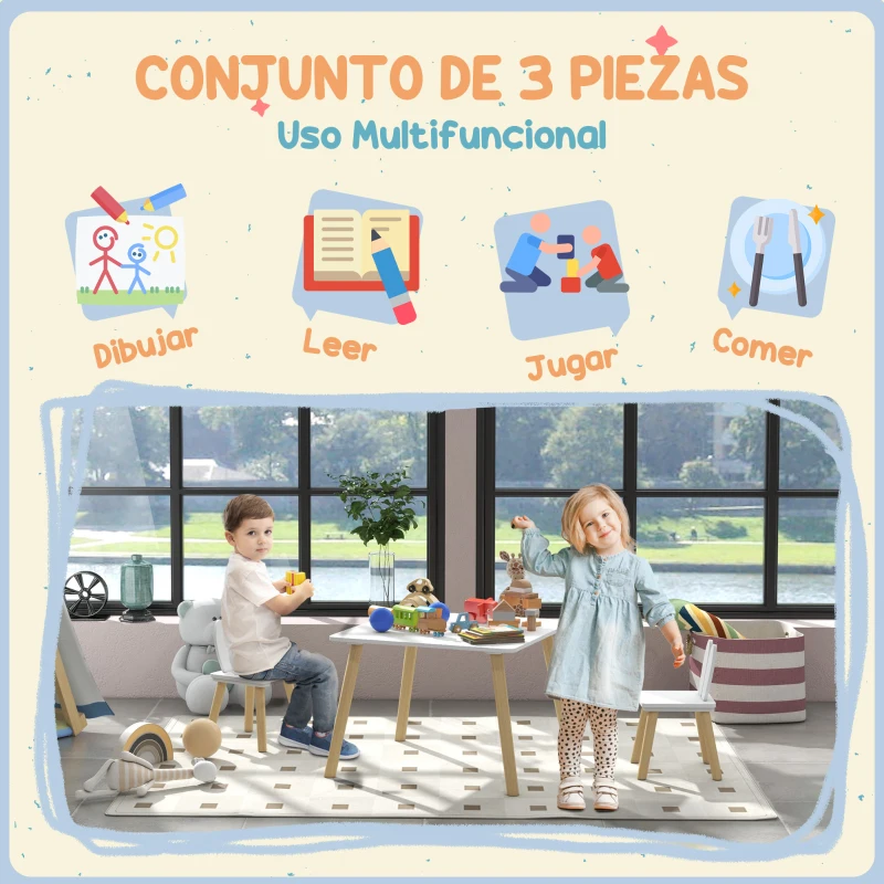 AIYAPLAY Mesa Infantil con Sillas Respaldos con Orejas de Conejo Mesa Infantil para Guardería Sala de Juegos Blanco
