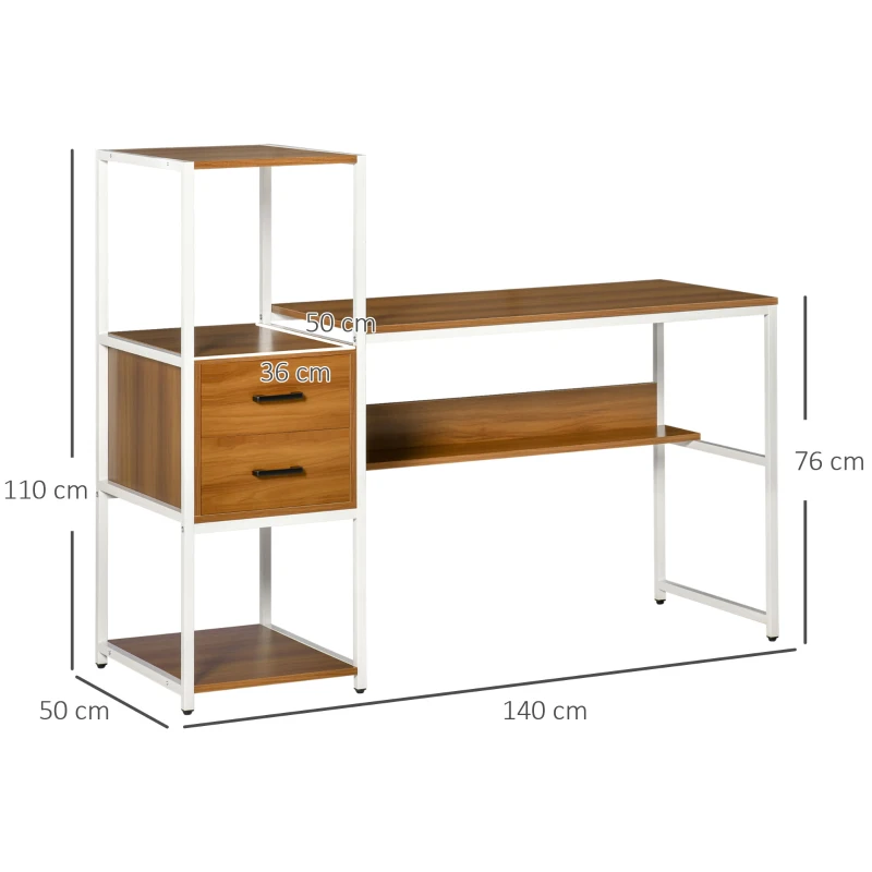 HOMCOM Escritorio con Estantería Mesa de Ordenador Escritorio de Oficina con Múltiples Estantes 140x50x110 cm Nogal y Blanco