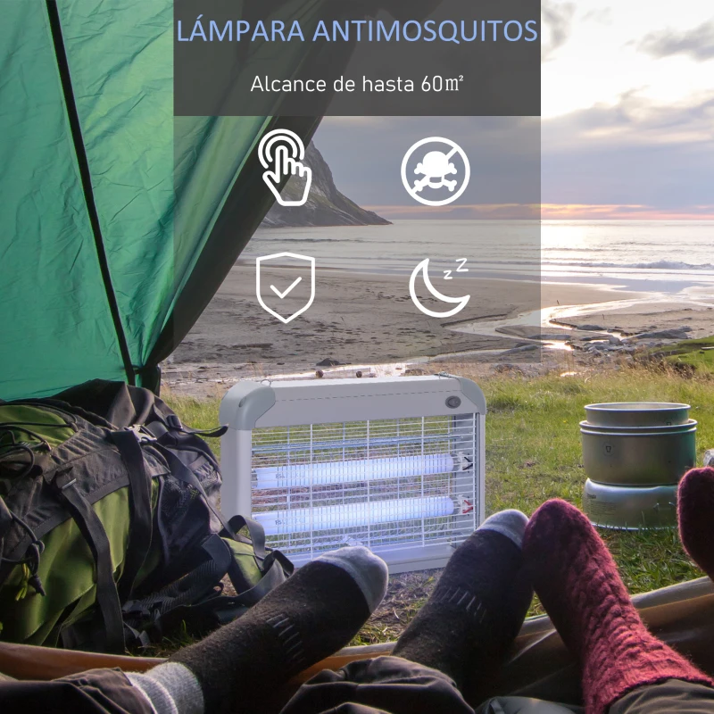 Outsunny Lámpara Anti-mosquitos Lámpara Mata Insectos Eléctrico Luz Ultravioleta 20W con 2 Tubos Área de Acción 60m² Interiores Exteriores 39x7,5x26,5 cm Blanco
