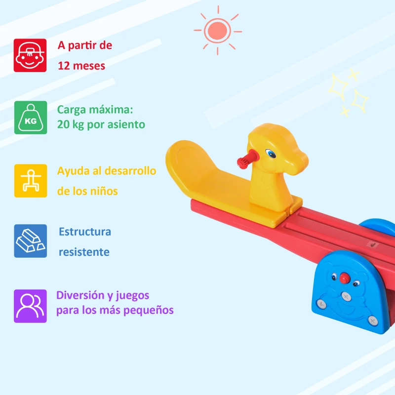 HOMCOM Sube y Baja Infantil Columpio Balancín para Niños con Respaldo Manillar Texturizado en Forma de Jirafa Carga 20kg por Asiento para Interior y Exterior 150x32x60 cm Multicolor