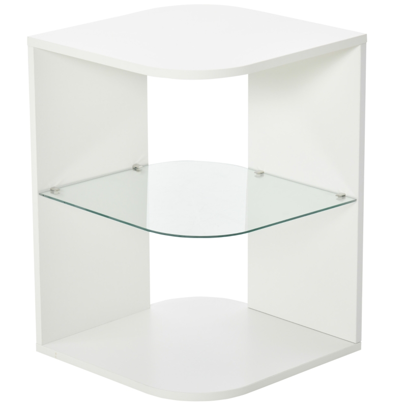 HOMCOM Beistelltisch 3-Schicht moderner Nachttisch mit 2 Ablagefächern geeignet für Wohnzimmer Schlafzimmer Material aus Spanplatte gehärtetem Glas Weiß 40 x 40 x 56 cm