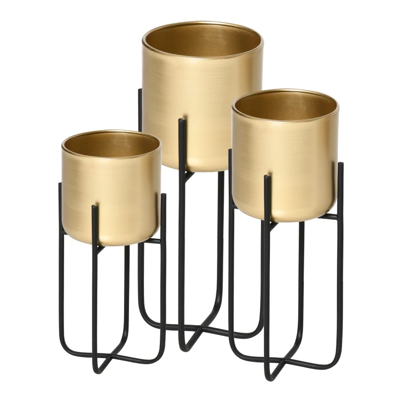 Outsunny 3er Set Blumenständer mit Blumentopf aus Metall Pflanzenständer Set Blumenhocker Blumentopfhalter Pflanzenhocker Gold