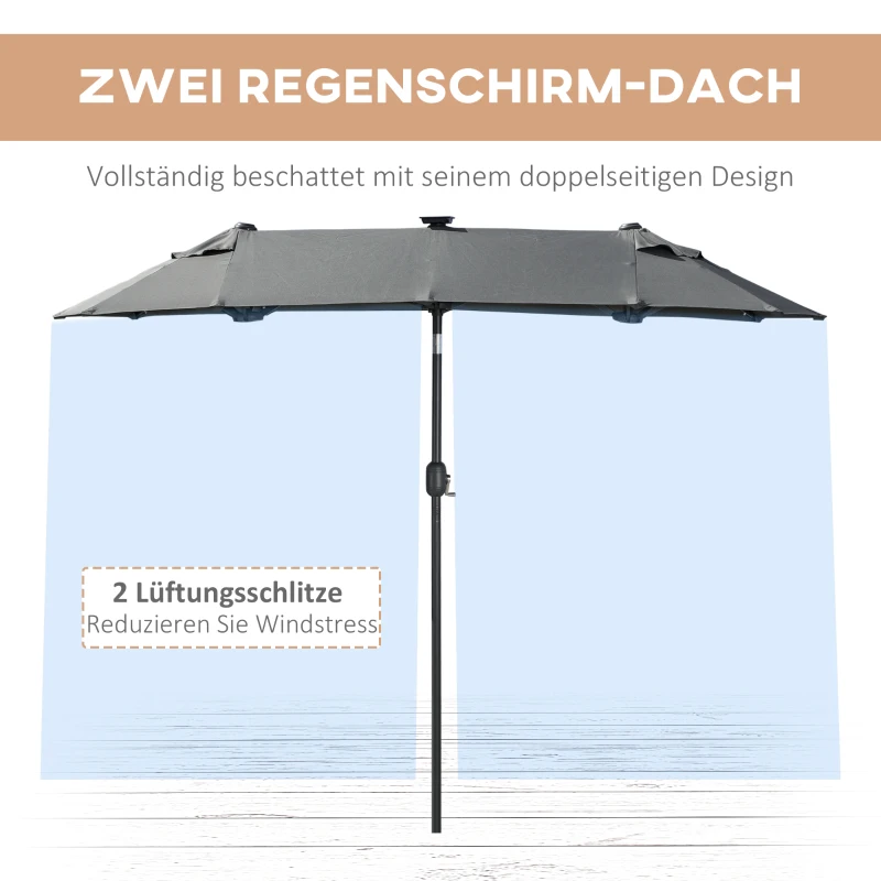 Outsunny Doppelschirm, Terrassenschirm, neigbar, mit Solarpaneel, 35 LEDs, Stahlrahmen, grau, 2,92 x 1,50 x 2,18 m
