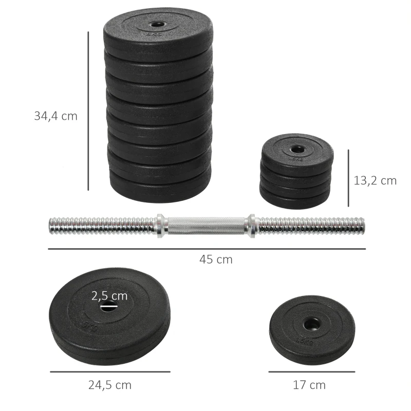 HOMCOM Juego de Mancuernas Ajustables con Barra de Conexión de Acero y Discos Desmontables 8x5 kg 4x1,5 kg Total 50 kg Negro