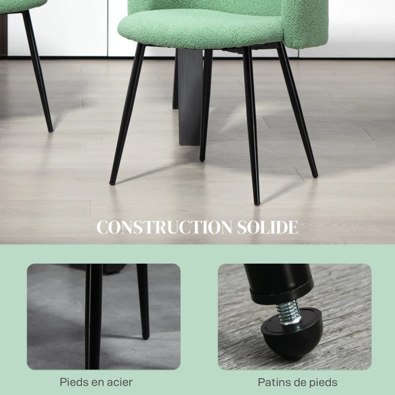 HOMCOM Lot de 2 chaises de salle à manger avec dossier en tissu effet laine boucleé pieds en acier 55 x 62 x 80 cm vert noir