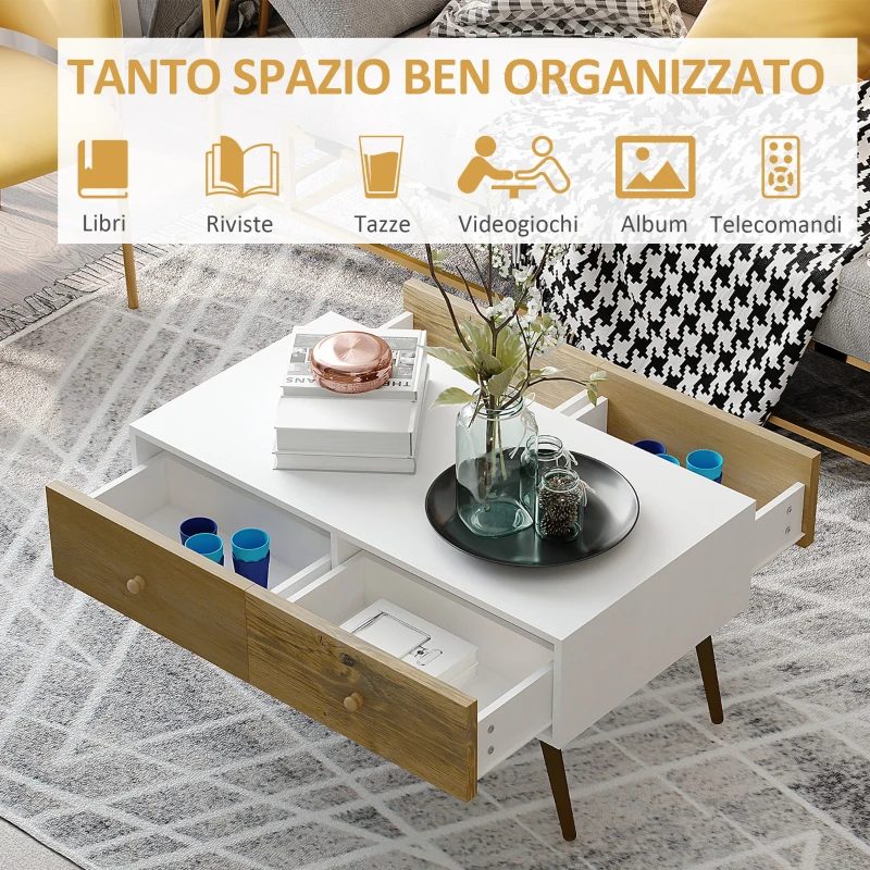 HOMCOM Tavolino da Salotto in Stile Nordico con 4 Cassetti, 100x53.3x45cm - Bianco e Color Legno