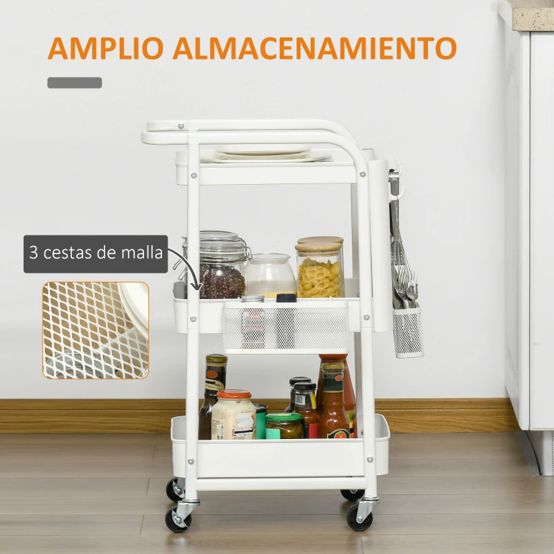 HOMCOM Carrito Auxiliar con Ruedas Carro de Almacenaje Multifuncional con 4 Ganchos y 2 Cestas Colgantes 51,5x32x75,6 cm Blanco