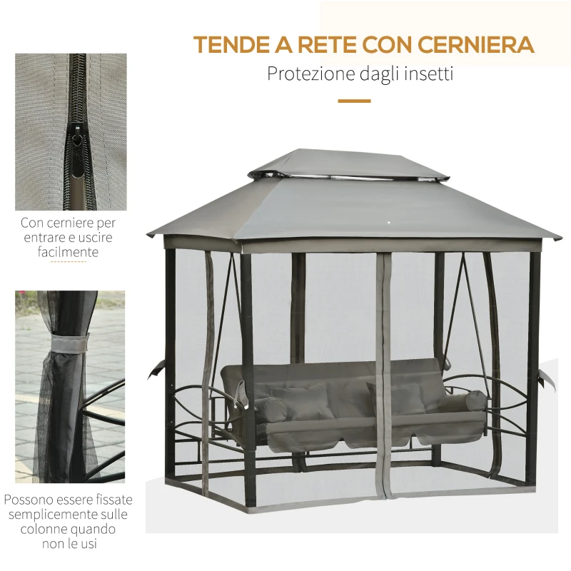 Outsunny Dondolo da Giardino 3 Posti Lettino e Gazebo Design 3 in 1 con Tettuccio, 256x172x248 cm, Grigio Scuro