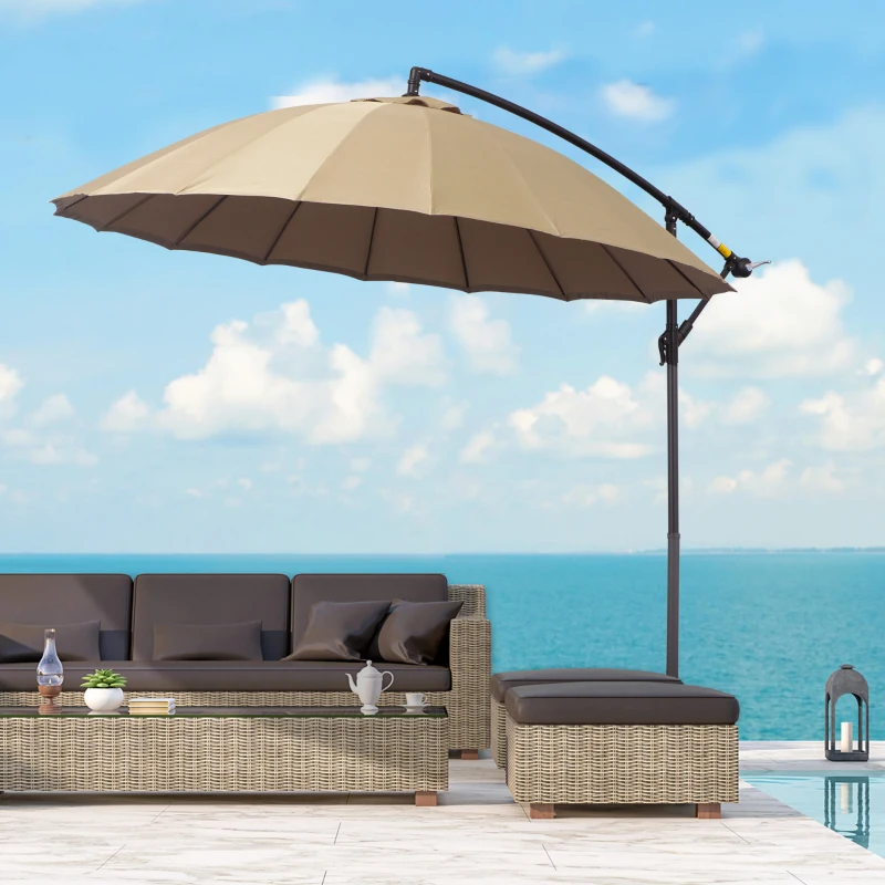 Outsunny 3(m) Cantilever Umbrella 18 Ribs & Vents Adjustable Angle for Patio Khaki