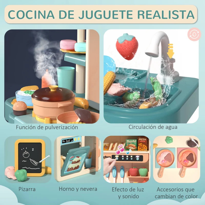 HOMCOM Cocina de Juguete para Niños de +3 Años con 113 Accesorios Luz Sonidos Agua Vapor Pizarra Fregadero Incluidos Cocinita Infantil Educativa 70x32x92,2 cm Multicolor