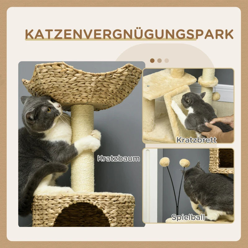 PawHut Kratzbaum mit Katzenhöhle, Liegeplattform, Spielball, 45x40x116cm, Braun/Beige(m-7)