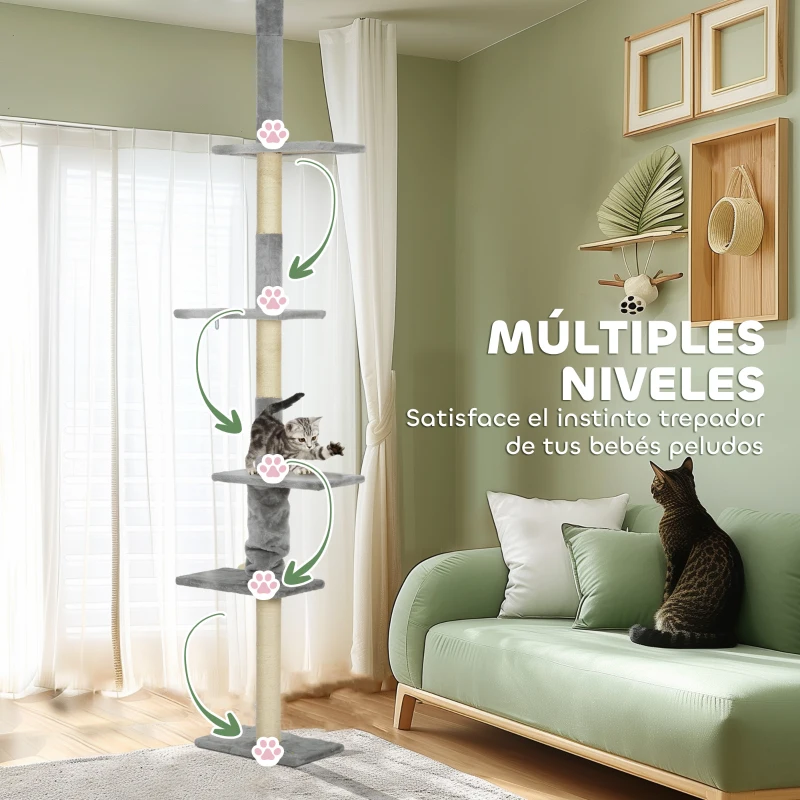 PawHut Árbol para Gatos de Suelo a Techo 225-275 cm Torre para Gatos con Múltiples Plataformas Sistema de Antivuelco Gris Claro