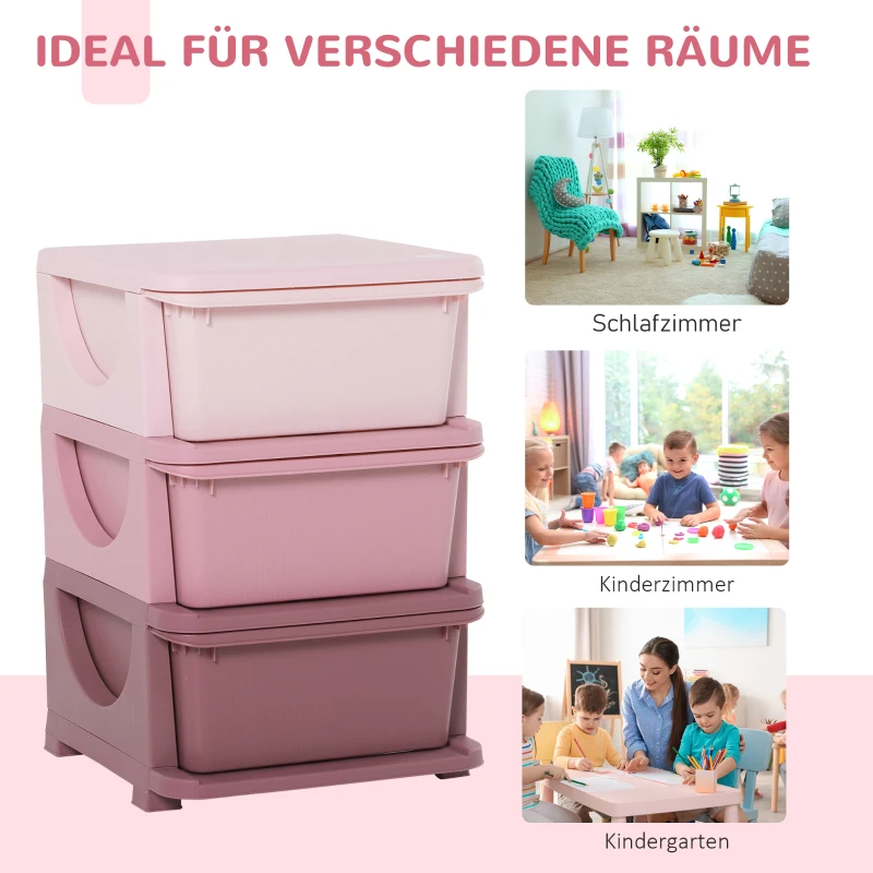 HOMCOM Aufbewahrungsboxen für Kinder, 3 Schubladen, abgerundete Kanten, erhöhtes Design, 37x37x56,5 cm, Rosa