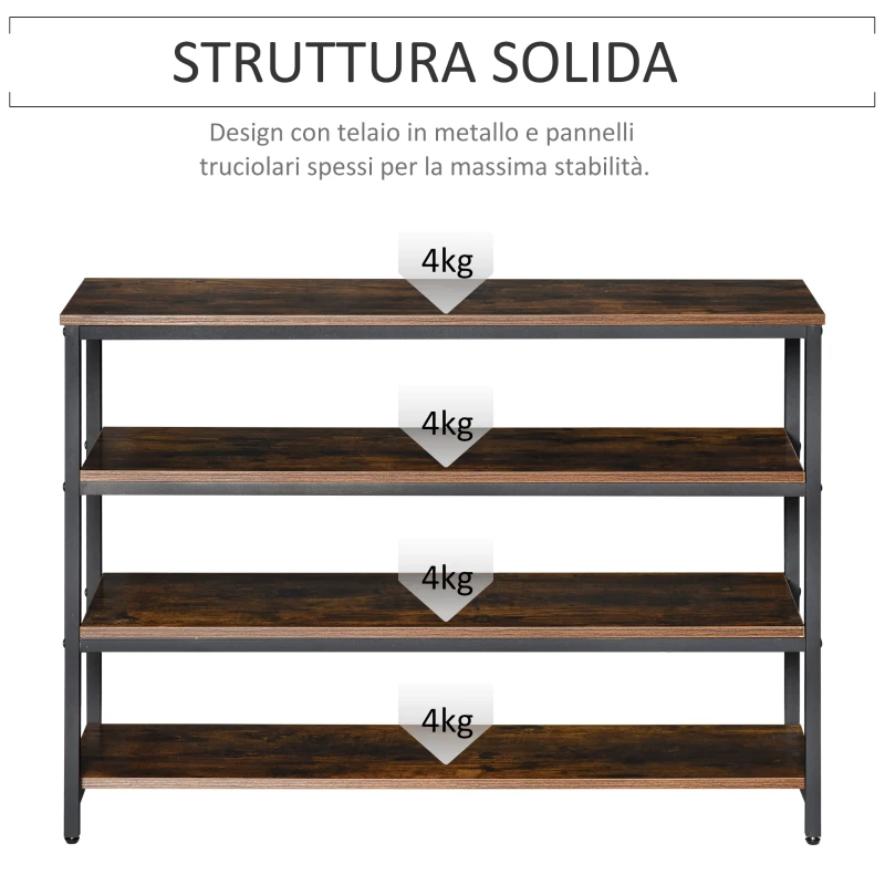 HOMCOM Scaffale Stile Industriale 4 Ripiani, Mobile Libreria per Soggiorno, Ingresso, Camera da Letto, Metallo e Legno, Marrone, 100x30x72cm