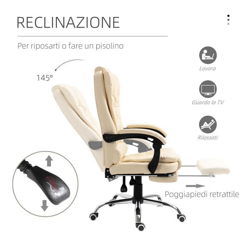 HOMCOM Poltrona Presidenziale in Similpelle Bianca con Schienale Reclinabile 145° e Poggiapiedi, 64.5x69x109-117 cm