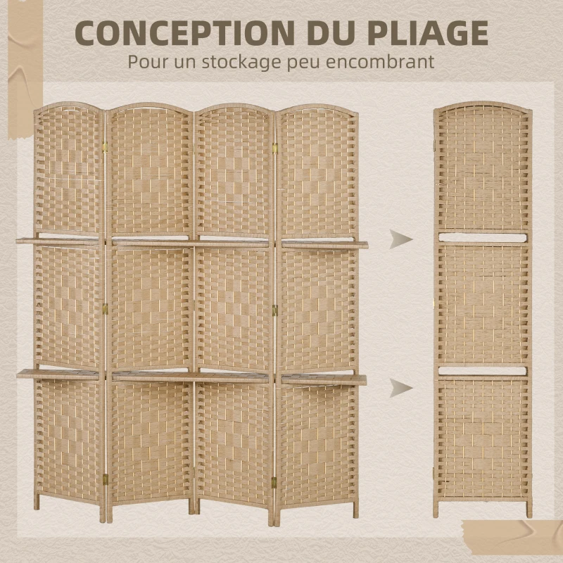 HOMCOM Paravent séparateur de pièce 4 panneaux 160 x170 cm avec 2 étagères, pliable, en bois