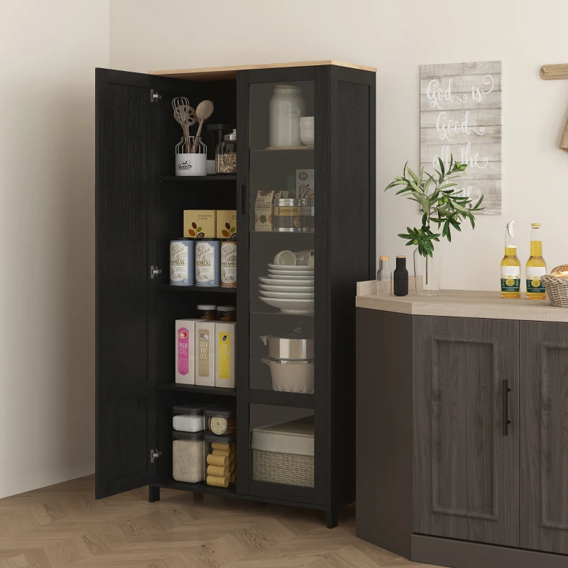 HOMCOM Mobile Dispensa Cucina in Legno a 9 Ripiani Regolabili con Ante in Vetro, 76x36x160 cm, Nero e color Legno