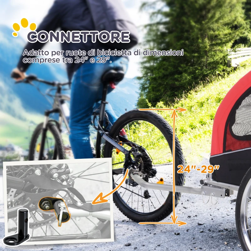 PawHut Rimorchio Bici per Cani Taglia Media a 2 Ingressi con Finestrelle e Tettuccio Apribile, 126-155x83x108 cm, Rosso