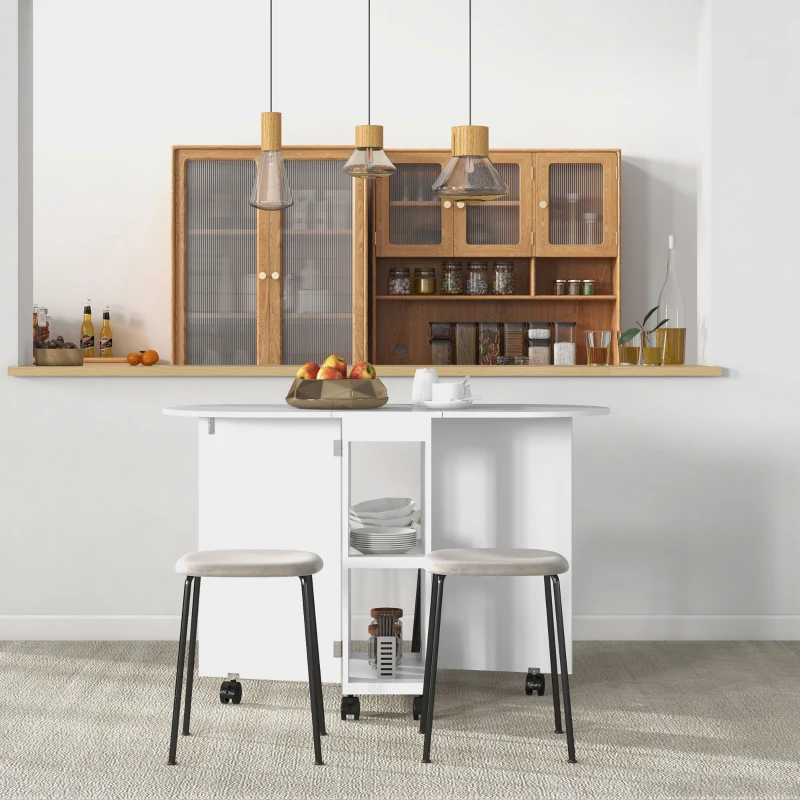 HOMCOM Mesa de Comedor Plegable con Ruedas Mesa de Cocina con Alas Abatibles y 2 Estantes Abiertos 120x60x77 cm Blanco(m-8)