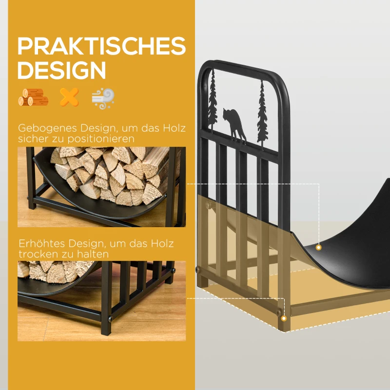 Outsunny Brennholzgestell, Baum- und Bärenszene, Metallstruktur, erhöhte Bodenplatte, 42x33,5x43 cm, Schwarz