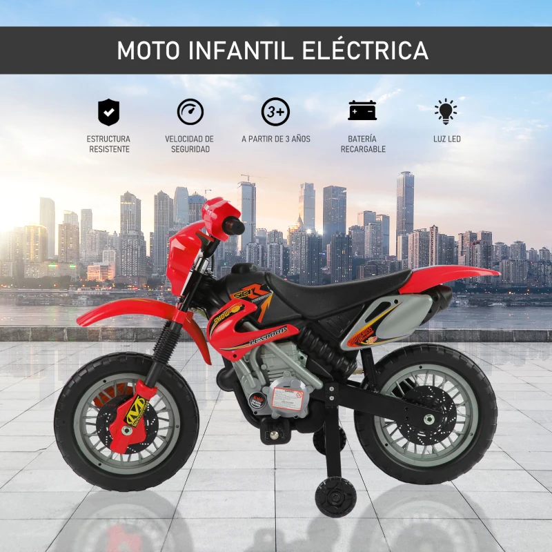 HOMCOM Moto Electrica Infantil Bateria 6V Recargable Niños 3+ Años Cargador y Ruedas Apoyo 102x53x66 cm Color Rojo