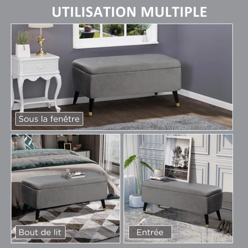 HOMCOM Banc de rangement, bout de lit, coffre de rangement, repose-pieds en velours côtelé avec couvercle, pour salon, chambre, entrée, 117 x 44 x 50 cm, gris